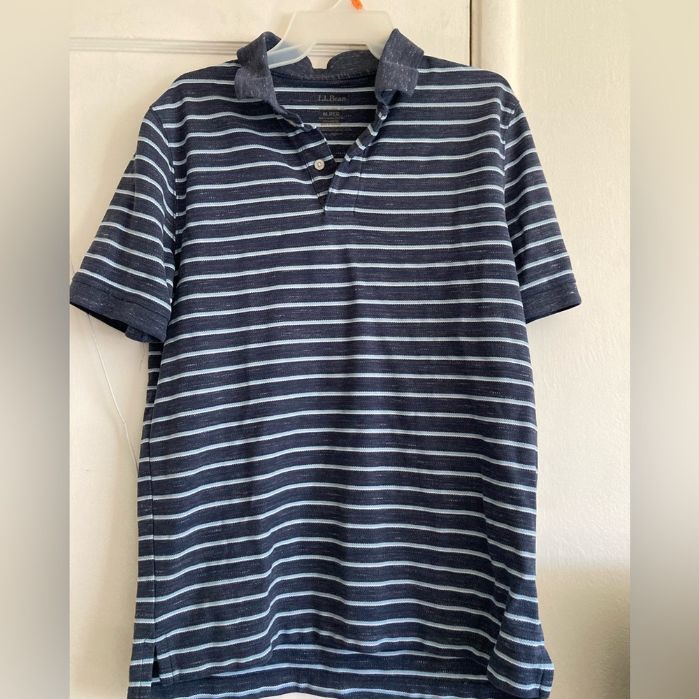 L.L. Bean Dark Blue and White Striped Polo Shirt